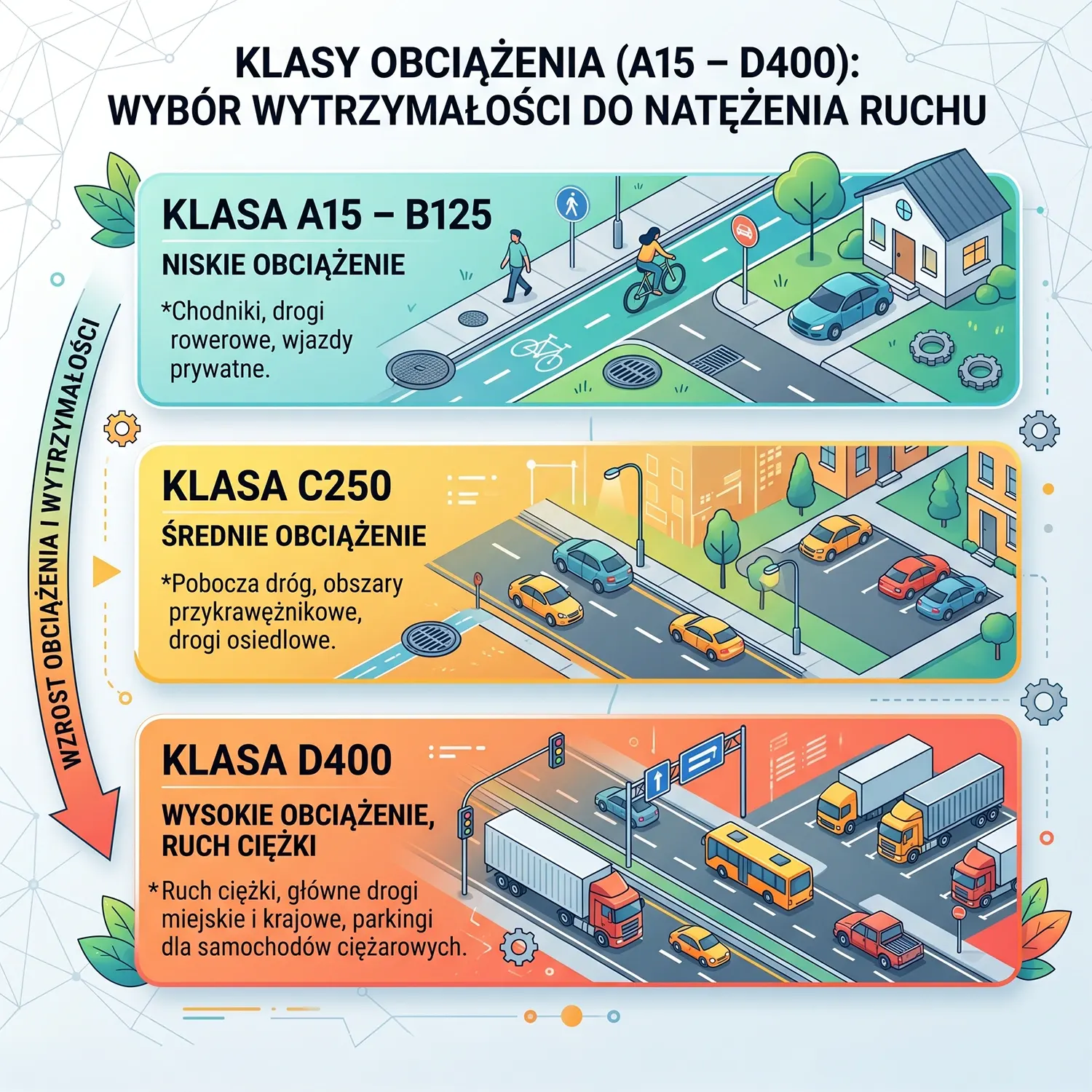 Grafika przedstawia podział klas obciążenia odwodnień od A15 do D400